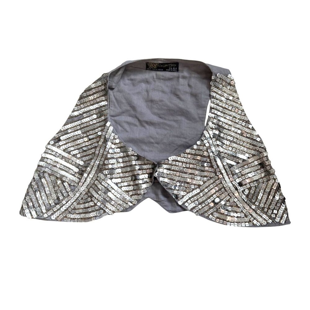 Zara TRF Collection Women's Cropped Vest M Gray Silver Sequin Embellished Party